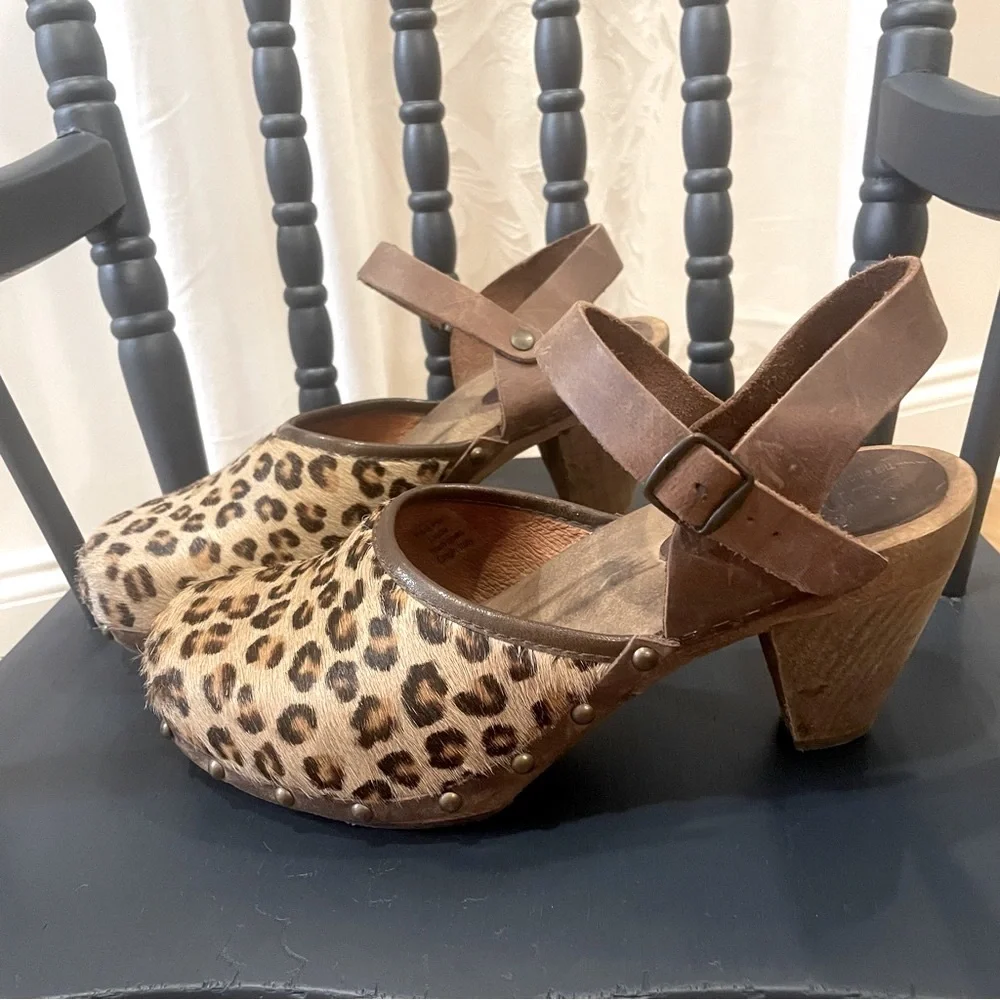 Sanita Calf Hair Animal Hair Leopard Sling Back Clogs Size 38